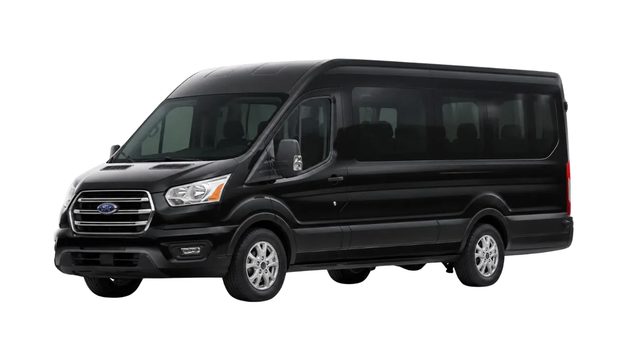 Black Ford Transit Passenger Van, large passenger van in the DFW Airport Taxi Limo fleet